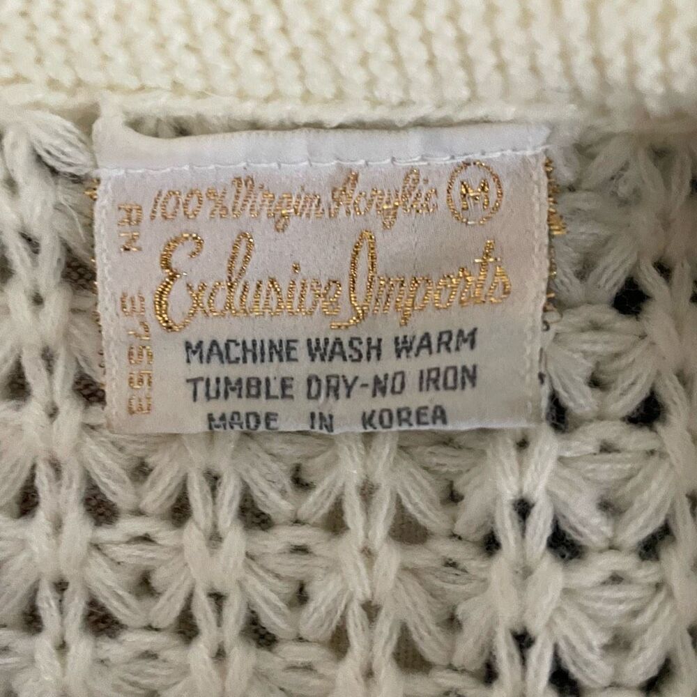 Vintage 80s Exclusive Imports Cropped Cardigan Sweater Fisherman Knit Ivory S M - Picture 6 of 7